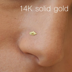 14k Gold Nose Stud, TEENY Tiny Drop Shape Nose Ring, Solid Gold Super Thin 21 GAUGE Post Stus earring, Yoga Jewelry Meditation