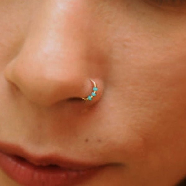 Turquoise Nose Hoop, Gold Nose Earring, Small Nose , Hand Made Body Jewelry