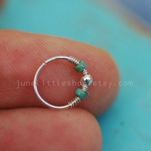Silver cartilage hoop earrings,silver turquoise helix,cartilage,hex,nose ring,nose hoop,tiny turquoise hoop,wire wrapped hoop,tribal hoop