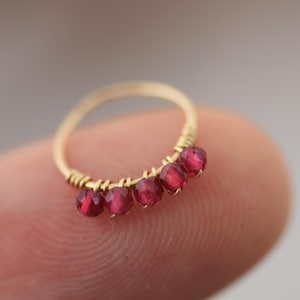Natural Garnet Stone Hoop, Wire Wrapped Nose Ring, Handmade Dainty Nose Jewelry, Cartilage Hoop, Solid Silver or Gold Nose Piercing
