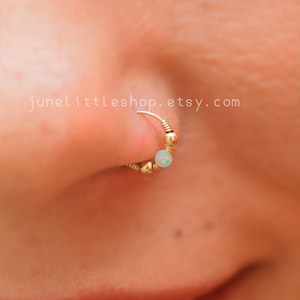 Tiny nose ring hoop, opal nose piercing, blue opal nose hoop, white opal nose ring, beaded nose hoop, small nose ring, opal nose ring 8mm,