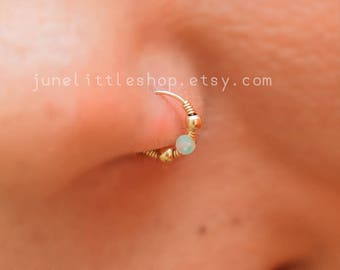 Tiny nose ring hoop, opal nose piercing, blue opal nose hoop, white opal nose ring, beaded nose hoop, small nose ring, opal nose ring 8mm,