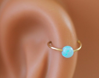 Opal cartilage earring, helix earring, tragus earring, Small Opal cartliage Ring, tiny hoop nose, Extra Small Sterling Silver Opal Nose Ring