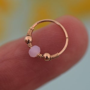 Cartilage Hoop Earring, Helix Earring, Rose Quartz Nose Hoop, Tragus Hoop, Body Jewelry, Wire Wrapped Earring