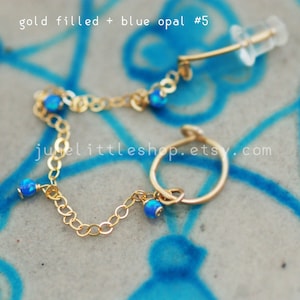 Opal cartilage chain earring, Cartilage Double Piercing-fire opal Cartilage Chain Earring Helix-White opal Helix Earring Piercing-Helix Hoop