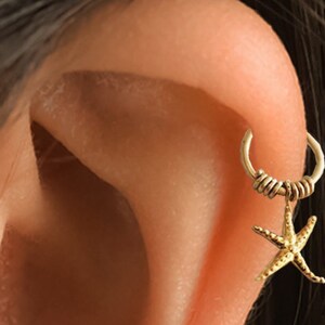 Gouden helixpiercing, kraakbeenoorbel, tragusoorbel, Daith-piercing, Daith-oorbel, traguspiercing, Sea Star Rock-oorbel