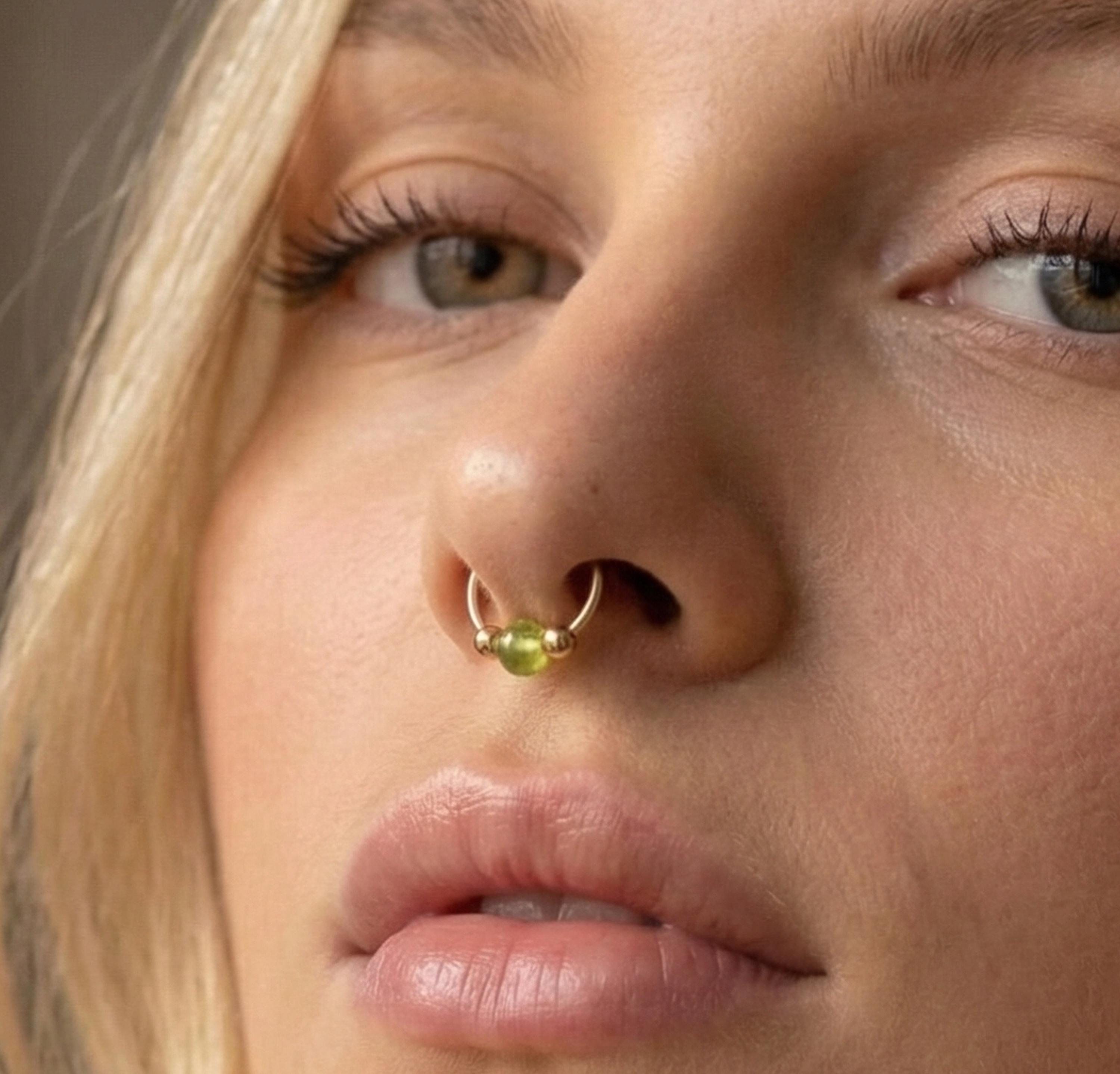 Green Jade Faux Septum Ring, Minimalist Hoop, 14K Gold Filled, Clip On Nose Jewelry
