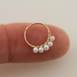 Tiny Pearl Cartilage Hoop, White Pearl Nose Ring, Pearl NoseHoop, Cartilage Piercing, Nose Ring Wire Wrapped