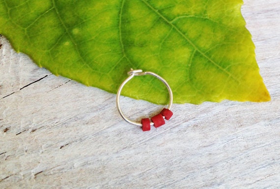Gold Helix Earring Red Coral Hoop Earring Tiny Silver Helix Hoop