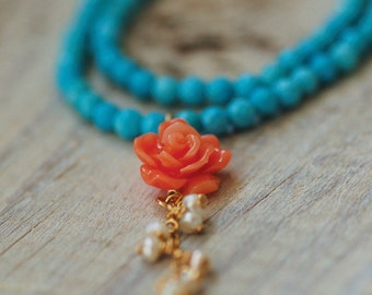 Coral and turquoise necklace, coral flower gold necklace, turquoise jewelry, turquoise necklace, wedding, bridal jewelry, coral necklace