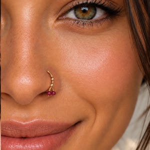 Indian Nose Earring, Dangle Nose Hoop, Ruby Nostril Jewelry, Gold 14k Helix, Tiny Wire Wrapped Rubies Dangling Ring, Cartilage