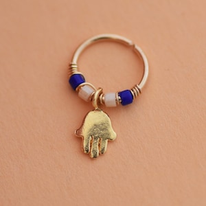 Tiny Hamsa Cartilage Hoop Earring, Gold Hamsa Dangle Hoop Earring, Protection Jewelry, Blue Eye Protection Hoop, Evil Eye Protection