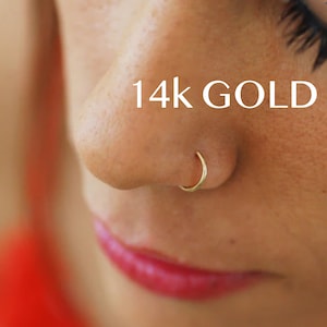 Snug Nose Ring - 14k Gold Nose Piercing - 24g -16g Helix Piercing - Tragus Piercing - Nose Hoop - Plain 14K Solid Yellow/Rose Nose Ring