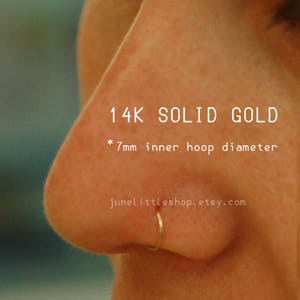 SOLID GOLD nose hoop 22/24 gauge, 14k solid gold cartilage earring, 7mm inner hoop diameter, tiny gold nose hoop