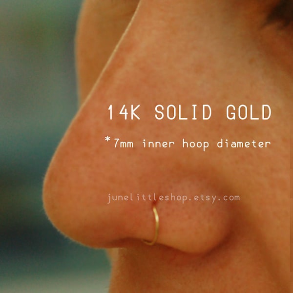 SOLID GOLD nose hoop 22/24 gauge, 14k solid gold cartilage earring, 7mm inner hoop diameter, tiny gold nose hoop