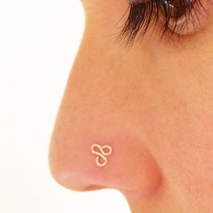May include: A gold infinity symbol nose ring.