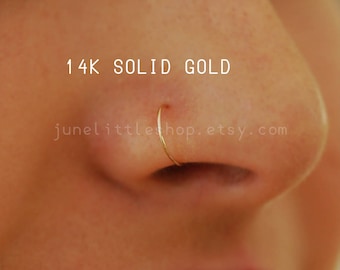 SOLID GOLD nose hoop 22/24 gauge, 14k solid gold cartilage earring, 7mm inner hoop diameter, tiny gold nose hoop