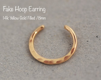 14k Yellow Gold Filled Fake Septum Ring,NO PIERCING REQUIRED,  Faux Jewelry, Hammered Fake Nose Hoop, Faux Earring, Fake Nose Ring