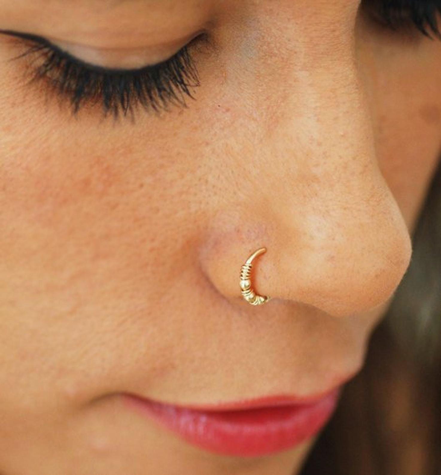 Tiny Blue Opal Nose Ring 24G Thin 14k Gold Filled Nose Hoop 