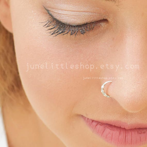 Small Thin Nose Hoop Silver 925 Crystal/Plain Nose Stud Pin Nose Ring With  Ball | eBay