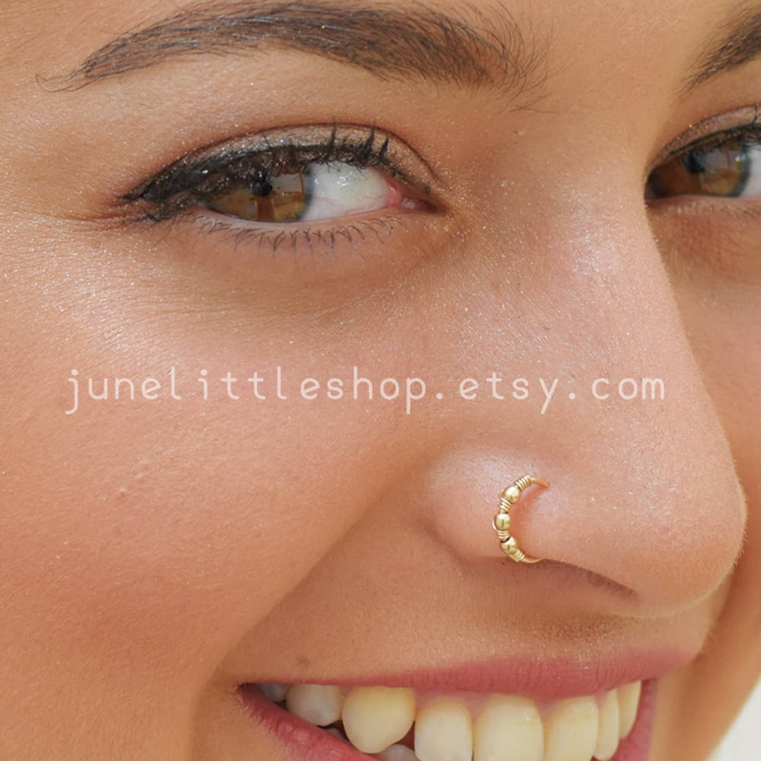 Beaded Nose Ring, Gold Nose Hoop, Helix Hoop Earring 20 Gauge