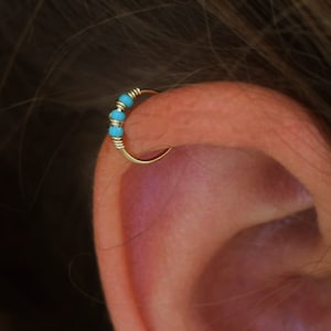 Turquoise Helix Earring, Tiny Cartilage Ring, Tragus Jewelry, Gold Nose Hoop, Body Jewelry, Wire Wrapped Rock Hoop Earring