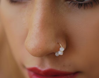 14k Gold Filled Nose Hoop with Rose Quartz Beads – Wire Wrapped Piercing Jewelry