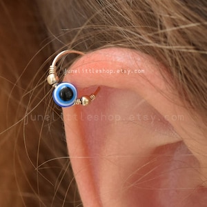 Evil eye helix hoop, eye eye gold hoop, tragus, helix, eye eye silver helix hoop, eye eye wire wrapped tiny gold hoop