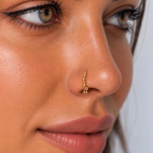 14K Gold Indian Nose Ring, Dangle Peridot Nose Hoop, Boho Nostril Piercing, Tiny Wire Wrapped Helix Cartilage Jewelry