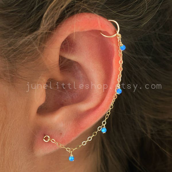 Boucle d'oreille chaîne cartilage, boucle d'oreille opale de feu Helix, boucle d'oreille chaîne, cerceau hélice, boucle d'oreille chaîne cartilage Helix, piercing Helix, bijoux opale bleue