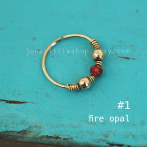Fire opal nose hoop,2mm opal cartilage ring,cartilage hoop,gold nose ring with tiny opal,helix hoop earring tiny thin nose ring,tribal hoop