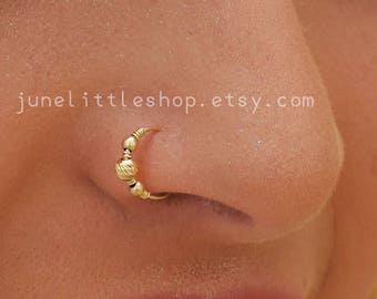 Sparkly Gold nose ring - shiny cartilage ring,beaded nose ring,Tiny hoop nose ring,Tiny ball nose ring,Piercing hoop - beaded catrilage hoop