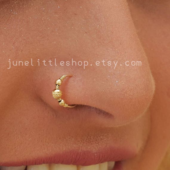 Ball Beads 14K Yellow Gold Nose Ring hoop 22g nose piercing 