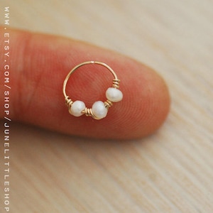 Tiny Nose hoop, white pearl nose ring, pearl gold hoop, silver cartilage earring, septum, pearl earrings, tragus  hoop