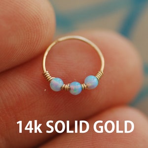 Nose Jewelry, Boho Nose Ring, Rook Earring, Tragus Ring, Cartilage Piercing, 14k Solid Gold Nose Ring, Helix Ring, Light Blue Opal