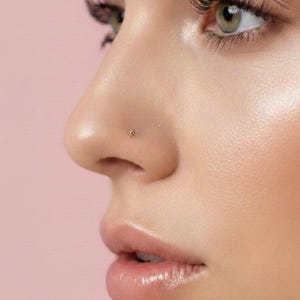 May include: Close-up of a person's face, focusing on the nose. A small, gold-colored nose stud is visible on the nostril. The skin has a smooth texture with a slight pink hue, and the background is a soft pink.