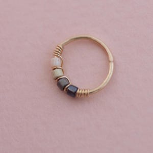 Nose Ring, Cartilage Hoop, Gold Nose Hoop, Nose Ring With Beads, Siver Nose Ring, 14k SOLID GOLD Nose Ring, Tragus, Gray Hoop Earring