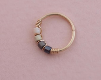 Nose Ring, Cartilage Hoop, Gold Nose Hoop, Nose Ring With Beads, Siver Nose Ring, 14k SOLID GOLD Nose Ring, Tragus, Gray Hoop Earring