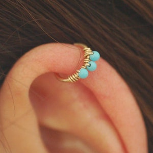 Turquoise Helix Hoop Earring, Cartilage Ring, Nose Earring, Gold Daith hoop, Cartilage hoop earring, Body Jewelry, Wire Wrapped  Piercing