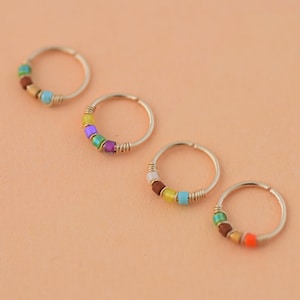 Nose Ring Hoop, Snug Tiny Hoop, Thin Nose Hoop, Handmade Daith Earring, Hoop Nose Ring Silver, Tragus Hoop, Beaded Nose Hoop