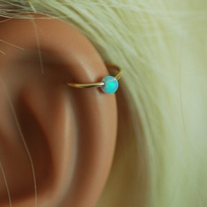 Cartilage hoop Earring, tiny opal silver hoop, opal hoop earring, gold hoop, small opal earrings, silver tiny hoop image 1