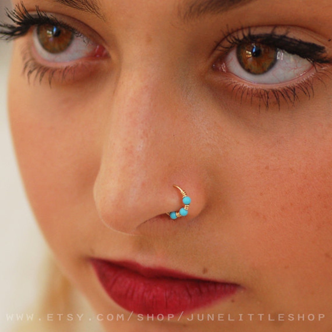 Turquoise NOSE RING Tiny Turquoise Hoop Small Turquoise Nose Etsy