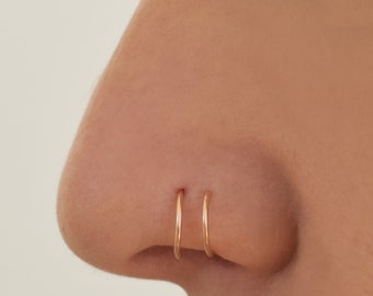 Dubbele neusring voor enkele piercing, gouden neusring hoepel, dubbele hoepel neusring, 925 sterling zilveren neusring, dubbele neushoepel