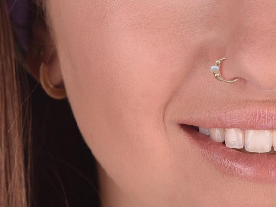 Nose Ring Wire Wrapped Nose Hoop Tiny Pearl Rose Nose Earring