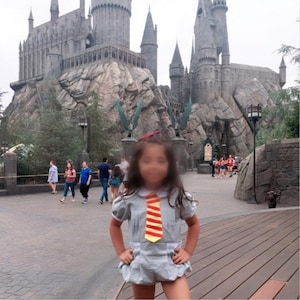 Puede incluir: Una persona joven que lleva un vestido gris y blanco con una corbata a rayas rojas y amarillas. La persona está de pie frente a un gran edificio de piedra con torres.