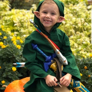 May include: A young boy dressed as Link from the Legend of Zelda video game series. He is wearing a green tunic, brown pants, and a pointy hat. He is holding a sword and a bow and arrow. He is sitting on a large orange pumpkin.