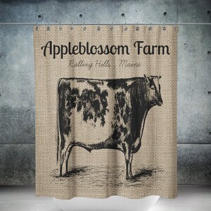 Shower Curtain, Personalized Farm, Primitive  Cow , Farmhouse Chic , Fake Burlap ,    Optional Bath Mat Set