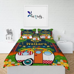 Personalized Retro Camper Bedding Comforter Set or Duvet Cover with Pillow Shams Vintage Camper, Glam Camping, RV Bedding image 1