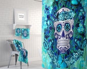 Sugar Skull Shower Curtain , Butterflies Teal Blue, Bath Mat, Towels
