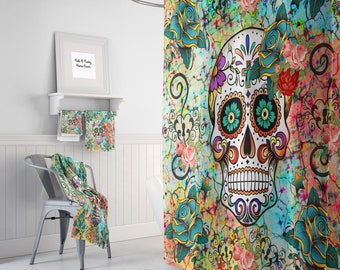 Halloween Skull Skeleton Romantic Couple Wedding Shower Curtain Set Bath Decor